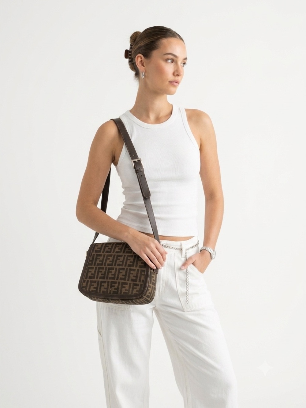 Vintage Fendi brown canvas & leather Zucca logo shoulder bag